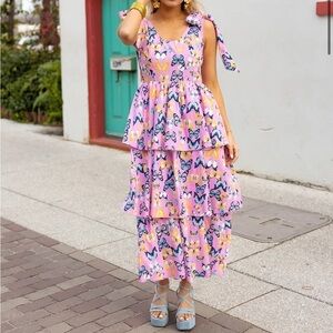 Buddy Love Drew Tiered Tie Strap Midi Dress Pink Feelin' Butterflies Size Large